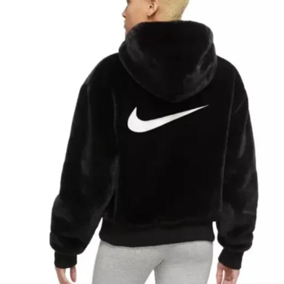 NIKE - WOMEN'S MEDIUM - BLACK FAUX FUR FULL ZIP HOODED BOMBER JACKET - DD5116 - Picture 1 of 11